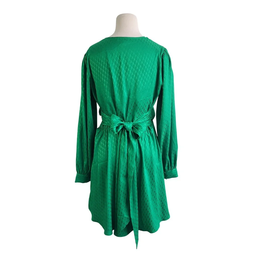 Express Emerald Satin Jacquard Faux Wrap Mini Dress L Belted Long Sleeve Patrick